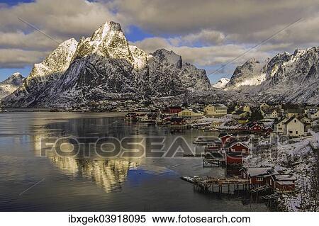 Stock Photography - "Reine, Reine Fjord, Lilandstinden mountain at the back, Moskenesoya, Lofoten archipelago, Norway, Europe". Fotosearch