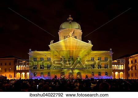 Stock Image - "Rendez-vous Bundesplatz, light installation at the Federal Palace of Switzerland, Bundesplatz, UNESCO World Heritage Site, Canton of Bern, Switzerland, Europe". Fotosearch