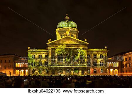Stock Image - "Rendez-vous Bundesplatz, light installation at the Federal Palace of Switzerland, Bundesplatz, UNESCO World Heritage Site, Canton of Bern, Switzerland, Europe". Fotosearch