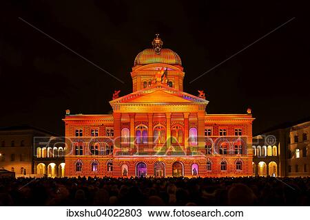 Stock Image - "Rendez-vous Bundesplatz, light installation at the Federal Palace of Switzerland, Bundesplatz, UNESCO World Heritage Site, Canton of Bern, Switzerland, Europe". Fotosearch