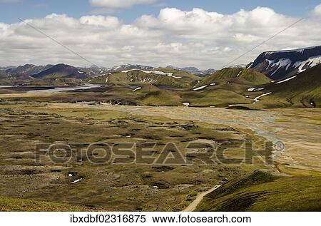 Stock Photography - "Rhyolite mountains, Joekulgilskvisl river, Landmannalaugar, Fjallabak Nature Reserve, Highlands, Iceland, Europe". Fotosearch