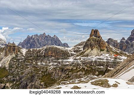 "Rifugio Locatelli alle Tre Cime or Drei Zinnen Hutte and Toblinger Knoten or Torre di Toblin, view from mountain pass Paternsattel or Forcella di Lavaredo, Sexten Dolomites, Sesto Dolomites, South Tyrol, Italy, Europe" View Large Photo Image Stock Photo - "Rifugio Locatelli alle Tre Cime or Drei Zinnen Hutte and Toblinger Knoten or Torre di Toblin, view from mountain pass Paternsattel or Forcella di Lavaredo, Sexten Dolomites, Sesto Dolomites, South Tyrol, Italy, Europe". Fotosearch