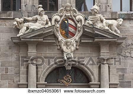 "Right portal of the west facade with imperial coat of arms and the many-headed, winged leopard and the beast with ten horns of Daniel chapter 7, town hall, Renaissance 1616-1622, Nuremberg, Middle Franconia, Bavaria, Germany, Europe" View Large Photo Image Stock Image - "Right portal of the west facade with imperial coat of arms and the many-headed, winged leopard and the beast with ten horns of Daniel chapter 7, town hall, Renaissance 1616-1622, Nuremberg, Middle Franconia, Bavaria, Germany, Europe". Fotosearch