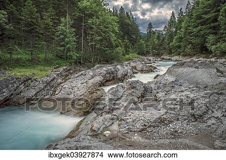 Picture - "Rissbach, Vorderriss, Lenggries, Hinterriss, Karwendel, border between Upper Bavaria, Bavaria, Germany, and Tyrol, Austria, Europe". Fotosearch