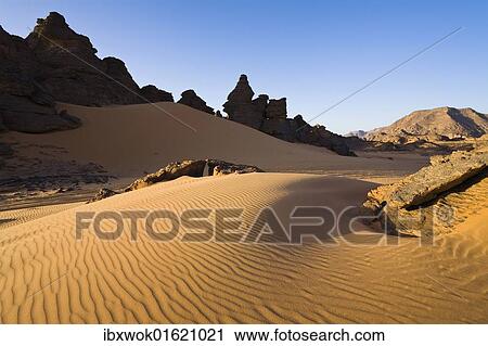 Stock Image - "Rock formations in the Libyan Desert, Akakus Mountains, Libyan Desert, Libya, Africa". Fotosearch