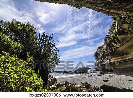 "Rock formations of Truman's Cove at the beach with a waterfall, Te Miko, Truman's Bay, Paparoa National Park, Punakaiki, South Island, New Zealand, Oceania" View Large Photo Image Stock Photography - "Rock formations of Truman's Cove at the beach with a waterfall, Te Miko, Truman's Bay, Paparoa National Park, Punakaiki, South Island, New Zealand, Oceania". Fotosearch