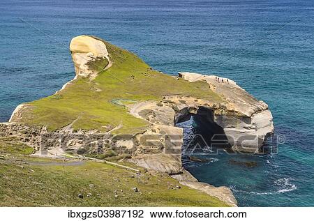 Stock Image - "Rocky cliffs on the Pacific coast at Tunnel Beach, Dunedin, Otago Region, South Island, New Zealand, Oceania". Fotosearch