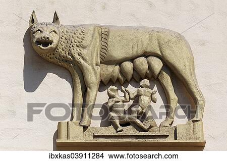 "Roman she-wolf suckling Romulus and Remus, relief on a house wall, Bagheria, Province of Palermo, Sicily, Italy, Europe" View Large Photo Image Picture - "Roman she-wolf suckling Romulus and Remus, relief on a house wall, Bagheria, Province of Palermo, Sicily, Italy, Europe". Fotosearch