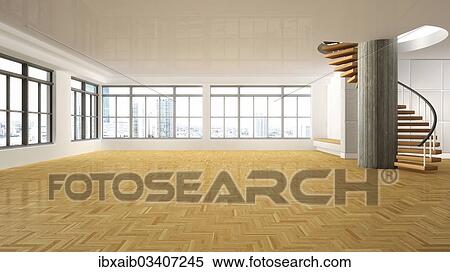 Stock Photography - "Room with a spiral staircase, 3D illustration". Fotosearch