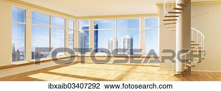 "Room with a spiral staircase, view over a skyline, 3D illustration" View Large Photo Image Stock Image - "Room with a spiral staircase, view over a skyline, 3D illustration". Fotosearch