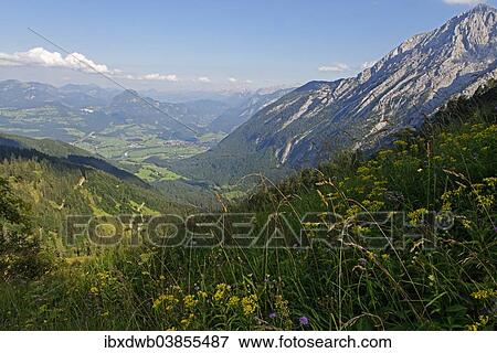 Stock Photo - "Route to Purtscheller House on Hohen Goll Mountain, with Dachstein Mountain and the Salzach Valley, Berchtesgadener Land district, Upper Bavaria, Bavaria, Germany, Europe". Fotosearch