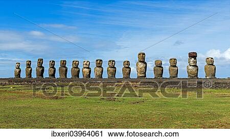 "Row of Moai statues, Rano Raraku, Easter Island, Chile, South America" View Large Photo Image Stock Image - "Row of Moai statues, Rano Raraku, Easter Island, Chile, South America". Fotosearch