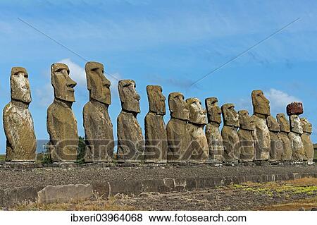 "Row of Moai statues, Rano Raraku, Easter Island, Chile, South America" View Large Photo Image Stock Photo - "Row of Moai statues, Rano Raraku, Easter Island, Chile, South America". Fotosearch
