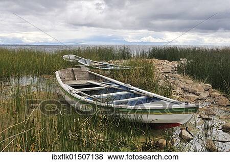 Stock Photo - "Rowing boats on the reedy banks of the Titicacaa Lake, Departamento La Paz, Bolivia, South America". Fotosearch