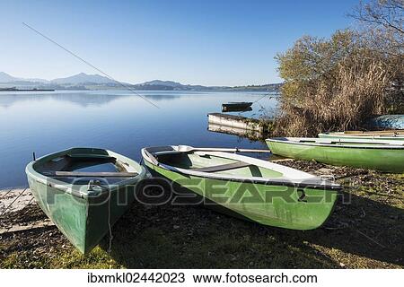 "Rowing boats on the shore of Hopfensee Lake near Fuessen, Ostallgaeu region, Allgaeu, Bavaria, Germany, Europe" View Large Photo Image Stock Image - "Rowing boats on the shore of Hopfensee Lake near Fuessen, Ostallgaeu region, Allgaeu, Bavaria, Germany, Europe". Fotosearch