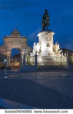 Stock Photography - "Rua Augusta Arch triumphal arch at the Praca do Comercio square, in front the equestrian statue of King Jose I, Baixa, Lisbon, Portugal, Europe". Fotosearch