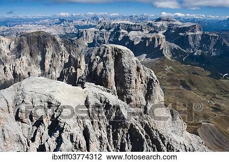 Stock Image - "Rugged and steep cliffs, Sassolungo Mountain, Dolomites, Alto Adige, Italy, Europe". Fotosearch