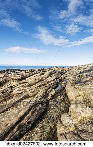 Stock Image - "Rugged coastline with eroded sandstone on the Moray Firth at Tarbat Ness, Scotland, United Kingdom, Europe". Fotosearch