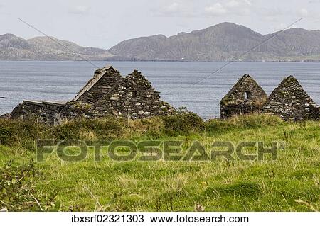 Stock Image - "Ruined houses, Beara Peninsula, Cork, Ireland, Europe". Fotosearch