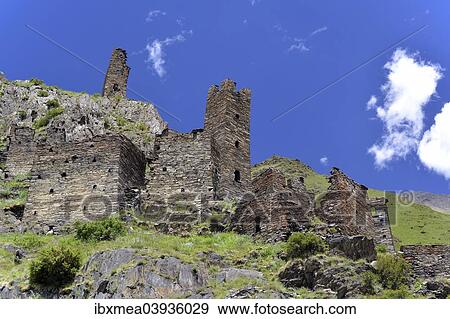 Stock Photo - "Ruins of the medieval defensive and residential towers, Mutso, High Caucasus, Mtskheta-Mtianeti region, Georgia, Asia". Fotosearch