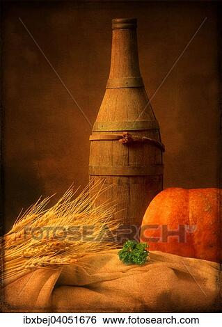"Rustic still life with wheat, pumpkin and wooden bottle" View Large Photo Image Stock Photograph - "Rustic still life with wheat, pumpkin and wooden bottle". Fotosearch