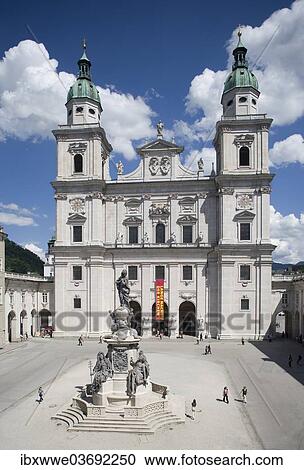 Stock Image - "Salzburg Cathedral on Cathedral Square with St. Mary's Column, Salzburg, Austria, Europe". Fotosearch