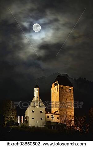 Stock Image - "Schloss Freundsberg Castle at night, Schwaz, Tyrol, Austria, Europe". Fotosearch