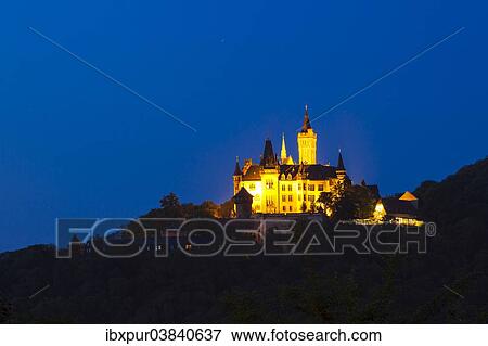 "Schloss Wernigerode Castle at dusk, Wernigerode, Saxony-Anhalt, Germany, Europe" View Large Photo Image Stock Photo - "Schloss Wernigerode Castle at dusk, Wernigerode, Saxony-Anhalt, Germany, Europe". Fotosearch