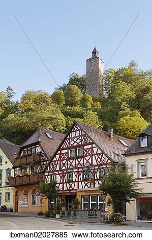 Stock Photography - "Schlossturm tower and Marktplatz square, Bad Berneck, Fichtelgebirge mountain range, Upper Franconia, Franconia, Bavaria, Germany, Europe, PublicGround, Europe". Fotosearch