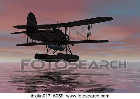 Stock Photo - "Seaplane landing, silhouette, 3D graphics". Fotosearch