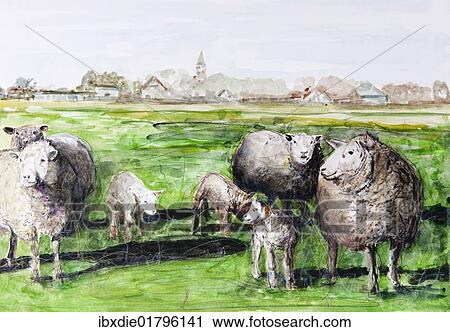 Stock Image - "Sheep on the pasture, Westerhever village, North Frisia, Schleswig-Holstein, northern Germany, painted in watercolours by Gerhard Kraus, Kriftel, Germany, Europe". Fotosearch