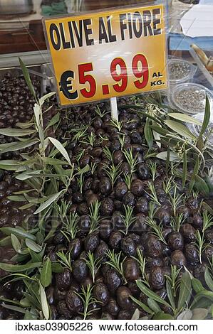 Stock Photograph - "Sicilian olives, olive al fiore, for sale, Palermo, Sicily, Italy, Europe". Fotosearch
