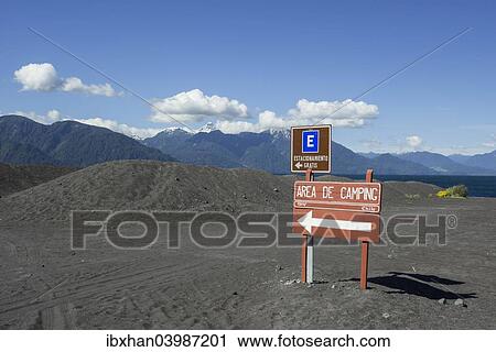 Stock Image - "Sign to a campsite, Vicente Perez Rosales National Park, Puerto Varas, Los Lagos Region, Chile, South America". Fotosearch