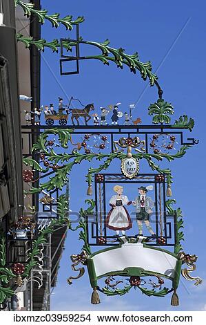 Picture - "Signboard, shop for traditional costume, Murnau, Upper Bavaria, Bavaria, Germany, Europe". Fotosearch