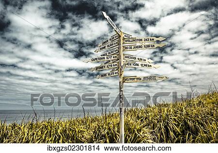 "Signpost at Far-Away-Point, Tauranga Bay, Cape Foulwind, South Island, New Zealand, Oceania" View Large Photo Image Picture - "Signpost at Far-Away-Point, Tauranga Bay, Cape Foulwind, South Island, New Zealand, Oceania". Fotosearch