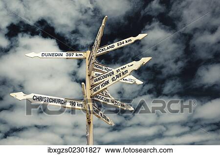 Stock Photo - "Signpost at Far-Away-Point, Tauranga Bay, Cape Foulwind, South Island, New Zealand, Oceania". Fotosearch