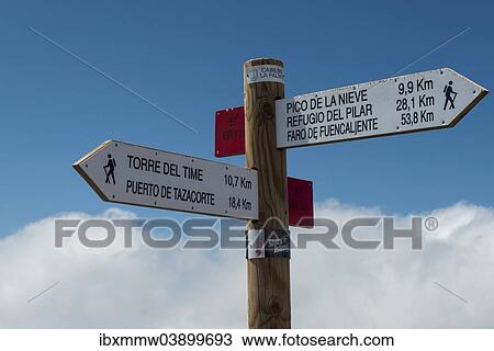 Stock Image - "Signpost for hikers to Torre del Time, La Palma, Canary Islands, Spain, Europe". Fotosearch