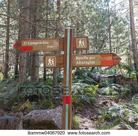 Stock Image - "Signpost with Corsican names to the bomb crater U Compuleddu, Col de Bavella, Corsica, France, Europe". Fotosearch