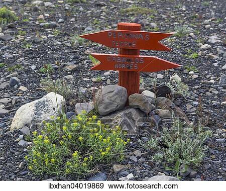 "Signs for people and horses, Torres del Paine, Magallanes y la Antartica Chilena Region, Chile, South America" View Large Photo Image Stock Photo - "Signs for people and horses, Torres del Paine, Magallanes y la Antartica Chilena Region, Chile, South America". Fotosearch