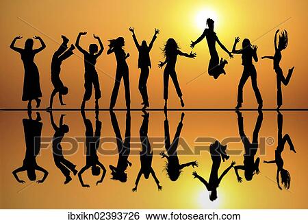 "Silhouettes, dancing teenagers, reflection, sunset, illustration" View Large Photo Image Stock Photograph - "Silhouettes, dancing teenagers, reflection, sunset, illustration". Fotosearch