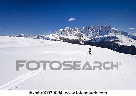 Picture - "Ski tourer descending Mt Cima Bocche, above Passo Valles, Pala group in the back, Dolomites, Trentino, Italy, Europe". Fotosearch