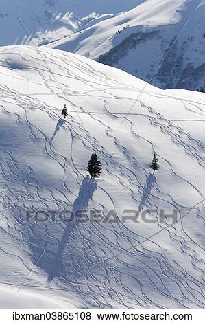 Stock Photo - "Ski tracks in deep snow, Unterdamulser Alpe, mountain pasture, Damuls, Bregenz Forest, Vorarlberg, Austria, Europe". Fotosearch