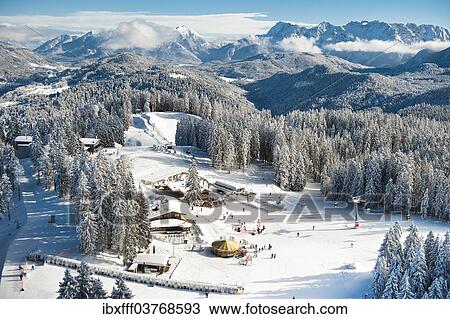 "Skiers on Hausberg Mountain, ski lodges, winter landscape, Garmisch-Partenkirchen, Bavaria, Germany, Europe" View Large Photo Image Stock Image - "Skiers on Hausberg Mountain, ski lodges, winter landscape, Garmisch-Partenkirchen, Bavaria, Germany, Europe". Fotosearch