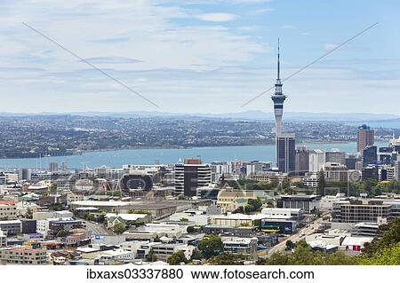 "Skyline of Auckland with Skytower and Takapuna at the rear, Mount Eden, Auckland, Auckland Region, New Zealand, Oceania" View Large Photo Image Stock Image - "Skyline of Auckland with Skytower and Takapuna at the rear, Mount Eden, Auckland, Auckland Region, New Zealand, Oceania". Fotosearch
