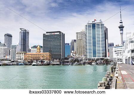 Stock Image - "Skyline with Skytower and historic harbour buildings, Auckland, Auckland Region, New Zealand, Oceania". Fotosearch