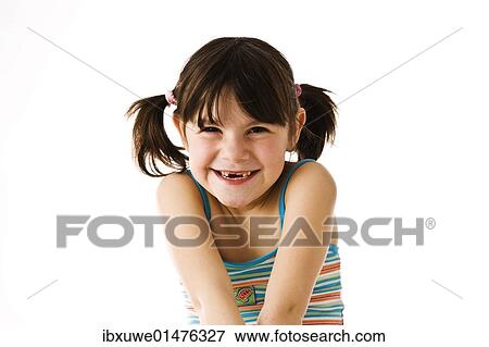 Stock Photo - Smiling little girl with pigtails. Fotosearch