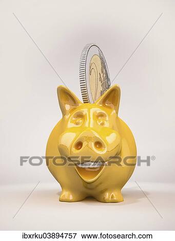 Stock Photo - Smiling piggy bank with a 2 euro coin. Fotosearch