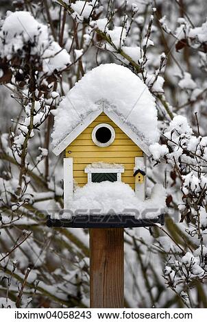 Stock Image - Snow-covered bird house in winter. Fotosearch