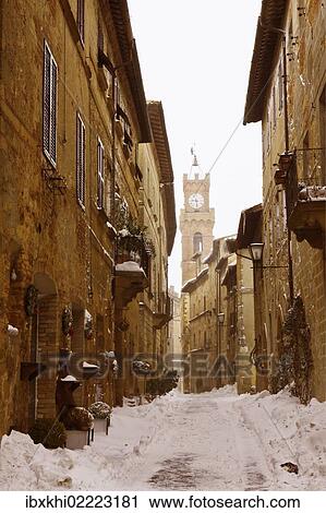 Stock Image - "Snow-covered road in Pienza, Tuscany, Italy, Europe". Fotosearch