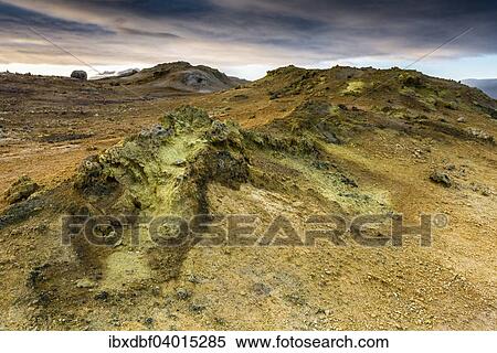 "Solfataras, fumaroles, mud pots, mud pools, sulfur and other minerals, on the summit of the mountain Namafjall, high temperature geothermal area or Hverarond or Hverir, the Myvatn area, Northeastern Region, Iceland, Europe" View Large Photo Image Stock Photography - "Solfataras, fumaroles, mud pots, mud pools, sulfur and other minerals, on the summit of the mountain Namafjall, high temperature geothermal area or Hverarond or Hverir, the Myvatn area, Northeastern Region, Iceland, Europe". Fotosearch
